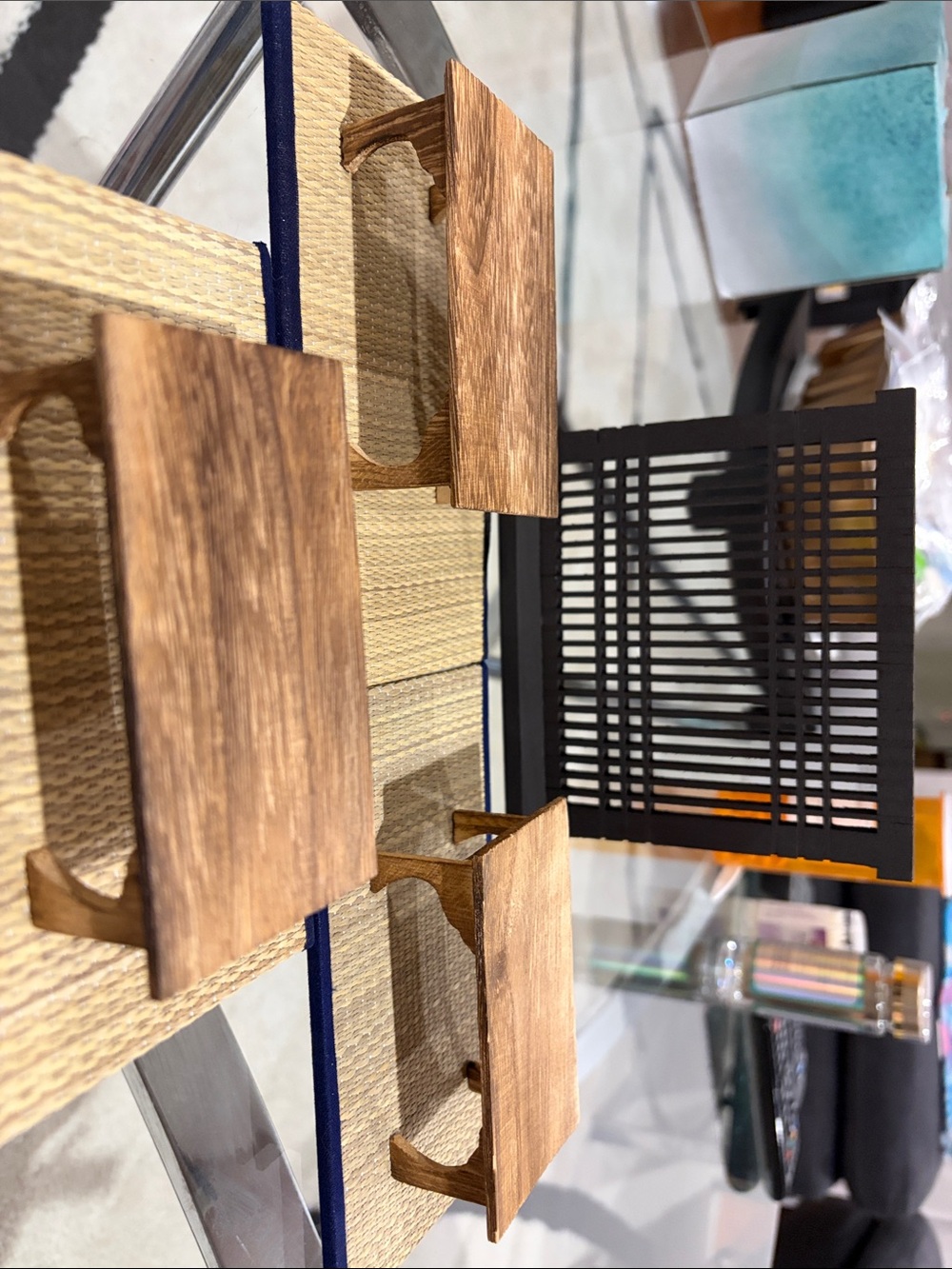 Wooden Display Stands with Black Slatted Back Panel